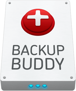 9 of the best WordPress backup plugins | titus.design A silver box with a red button featuring a white plus sign and the words “Backup Buddy” printed below, resembling an external hard drive. Three small blue lights appear at the bottom.