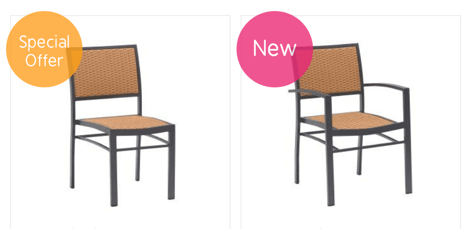 How to add a custom corner badge on WooCommerce Products | titus.design Two brown and black chairs: the left one has no armrests and is marked “Special Offer”, while the right one has armrests and is labelled “New”. Both have circular coloured tags in the top left corner.
