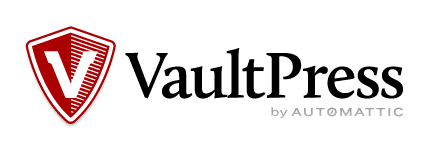 9 of the best WordPress backup plugins | titus.design VaultPress logo with a red shield containing a white “V” on the left, and the text “VaultPress by Automattic” to the right in black and grey font.